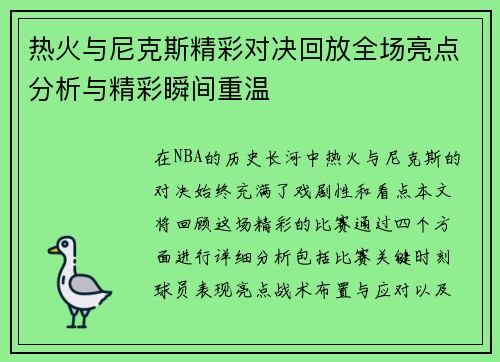 热火与尼克斯精彩对决回放全场亮点分析与精彩瞬间重温